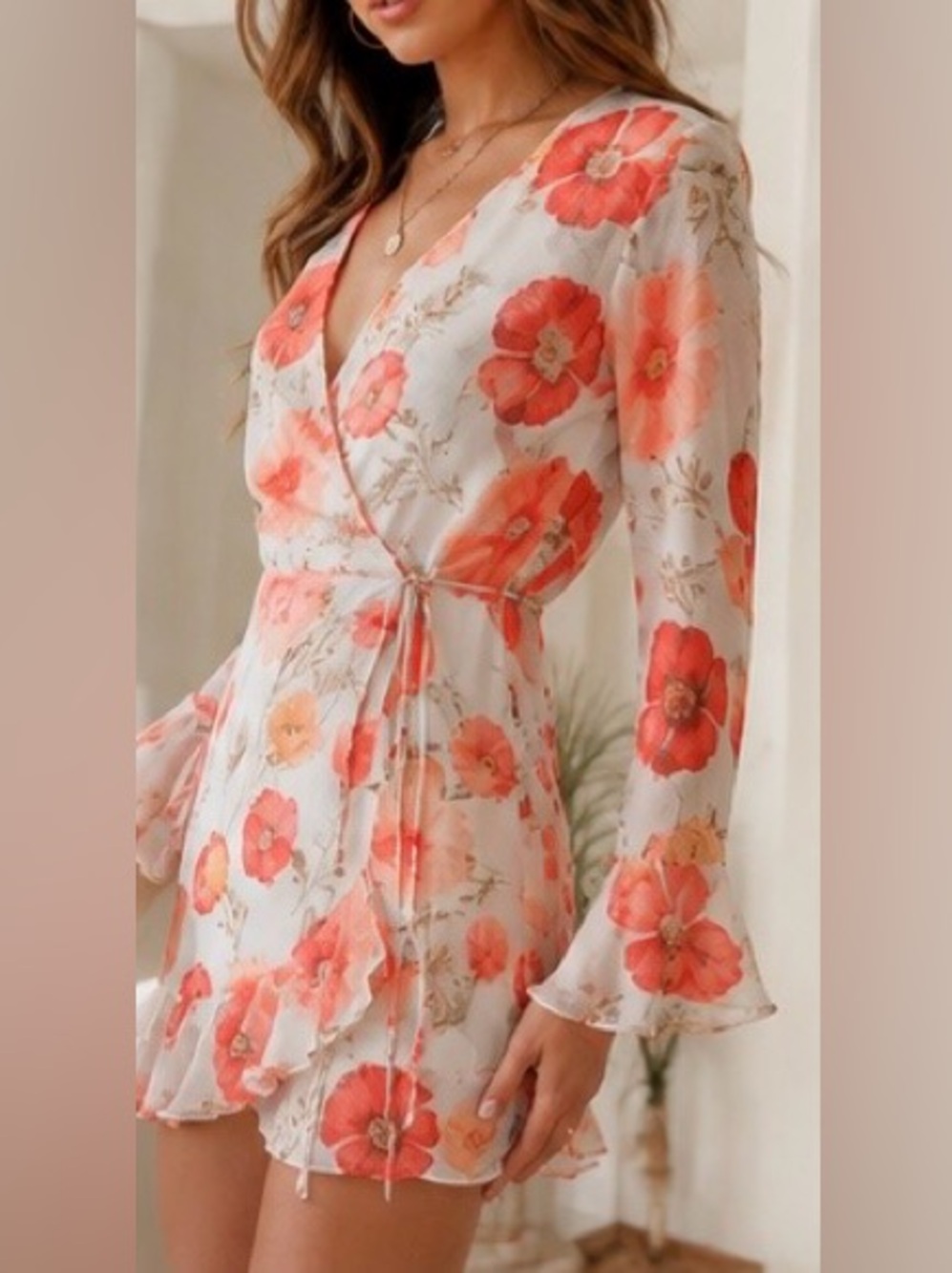 Lulus Floral Mini Wrap Dress Size S Like New Wedding Guest Cottagecore - Picture 2 of 6
